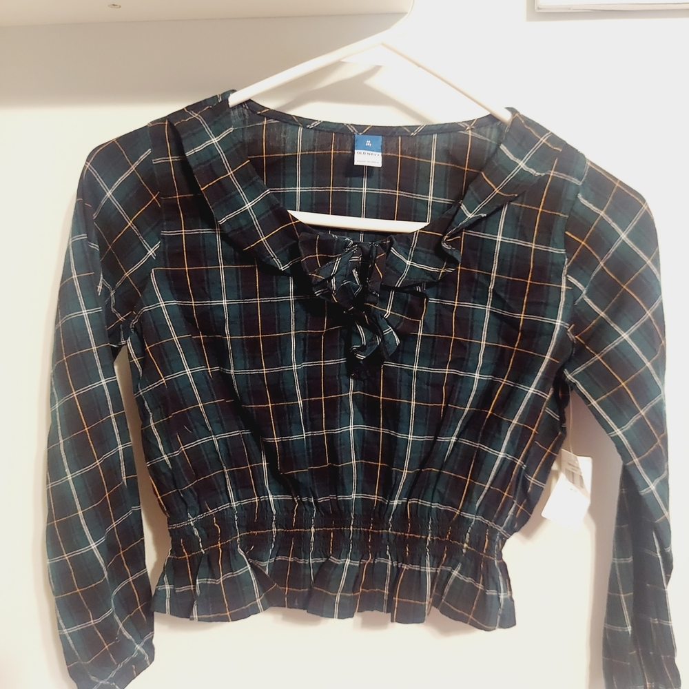Girls Size 8 Old Navy  Green and Black Plaid Blouse NWT